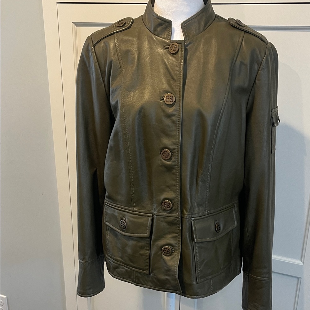 Vintage Olive Green Leather Button Jacket, Military Style, Lined, size M